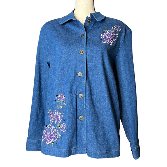 Allison Daley Denim Jacket with Purple Floral Appliques Metal Buttons Size 12 - Picture 1 of 5
